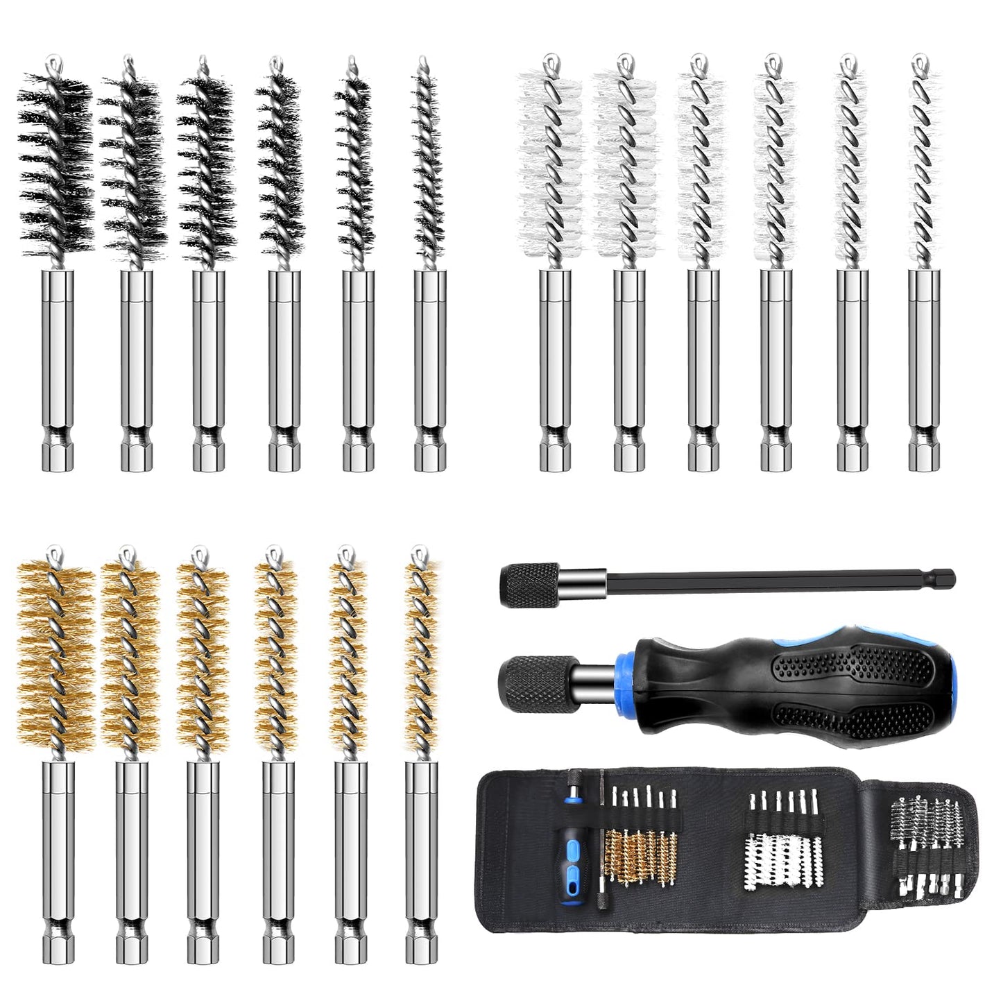 Nylon/Brass/SS Bristles Wire Brush for Drill 18-Pack, 1/4"Hex Shank