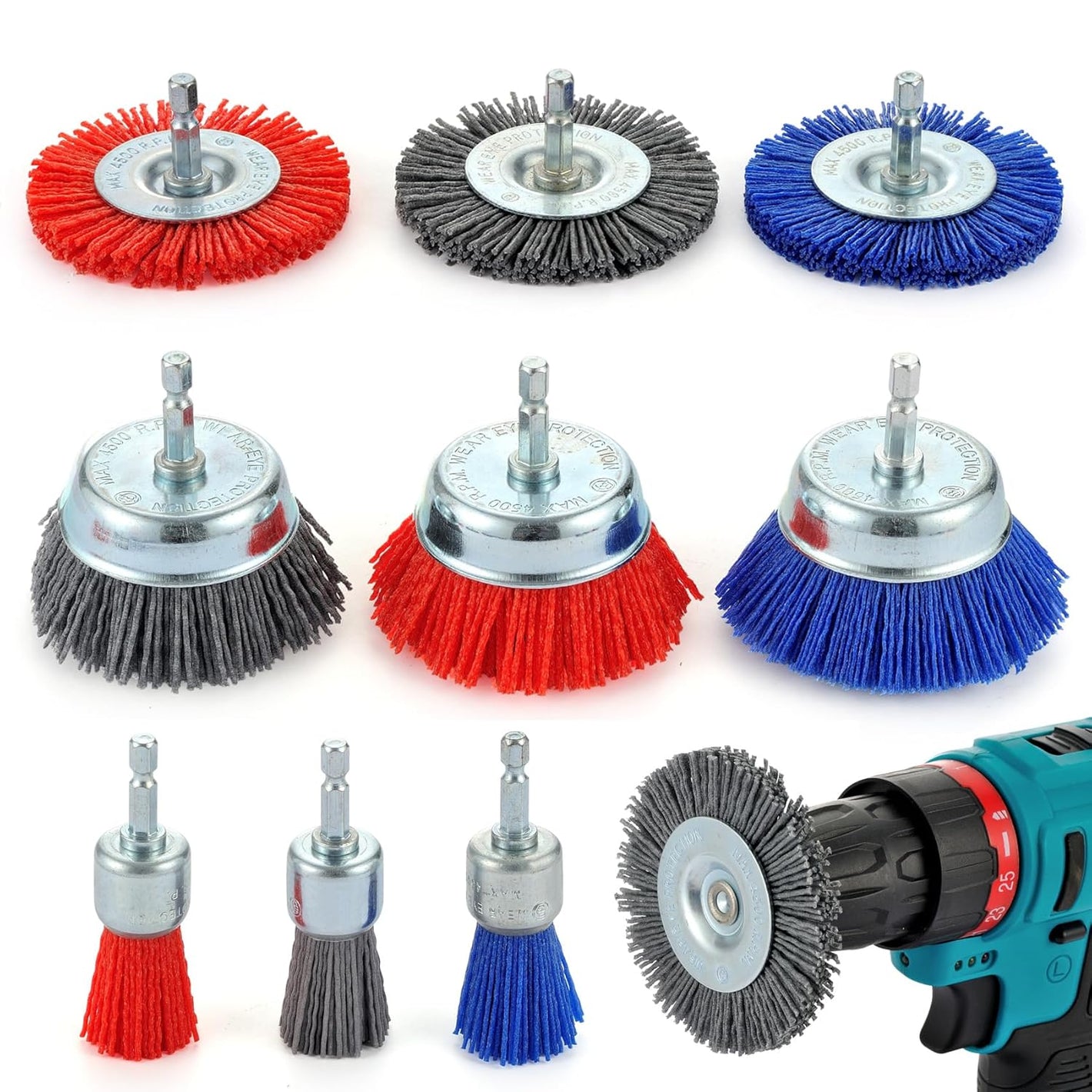 Nylon Drill Brush Set for Rust Removal - 9 Pack Abrasive Wheel & Cup Brush Attachments