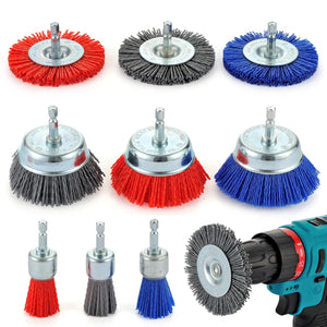 Nylon Drill Brush Set for Rust Removal - 9 Pack Abrasive Wheel & Cup Brush Attachments
