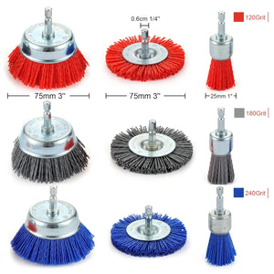 Nylon Drill Brush Set for Rust Removal - 9 Pack Abrasive Wheel & Cup Brush Attachments
