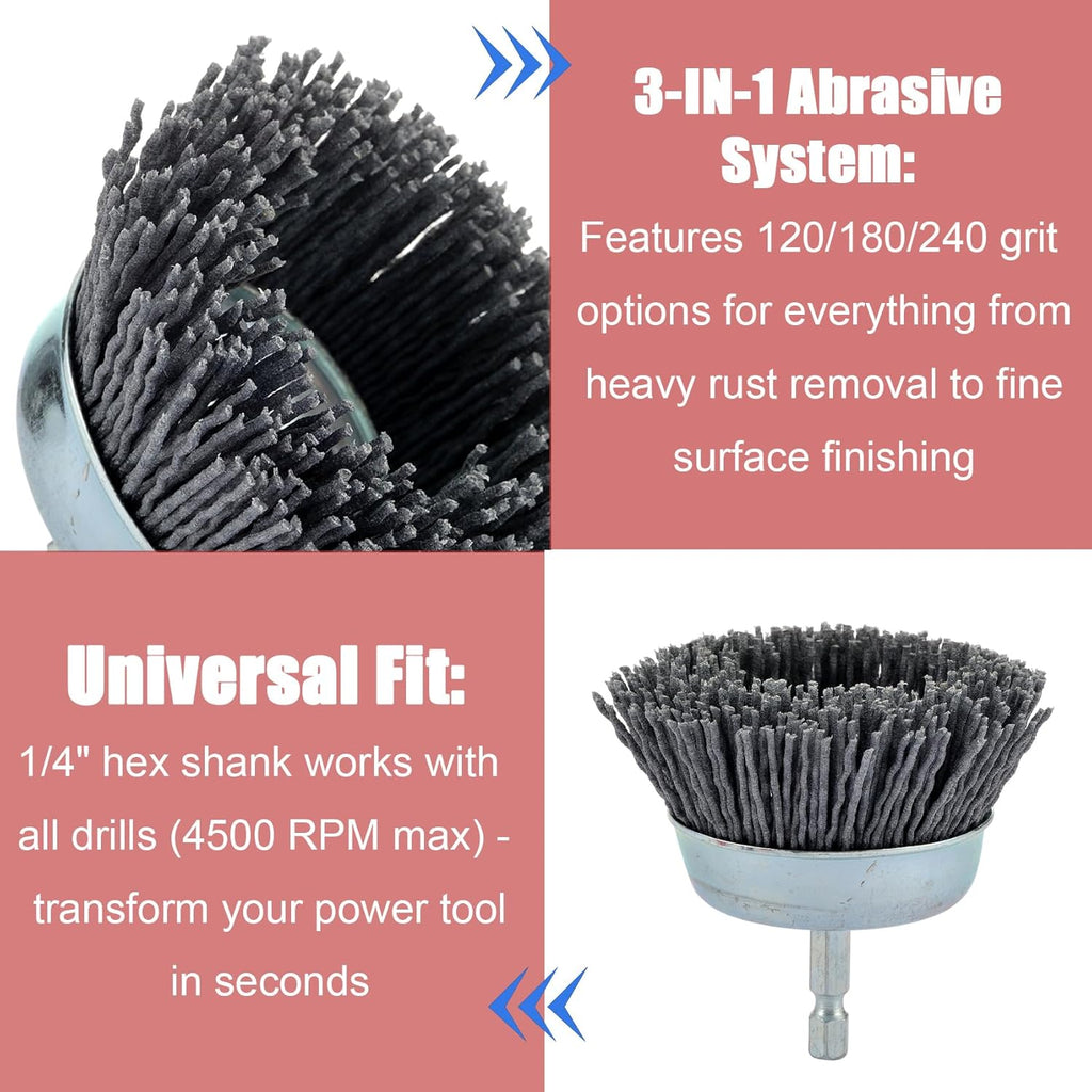 Nylon Drill Brush Set for Rust Removal - 9 Pack Abrasive Wheel & Cup Brush Attachments