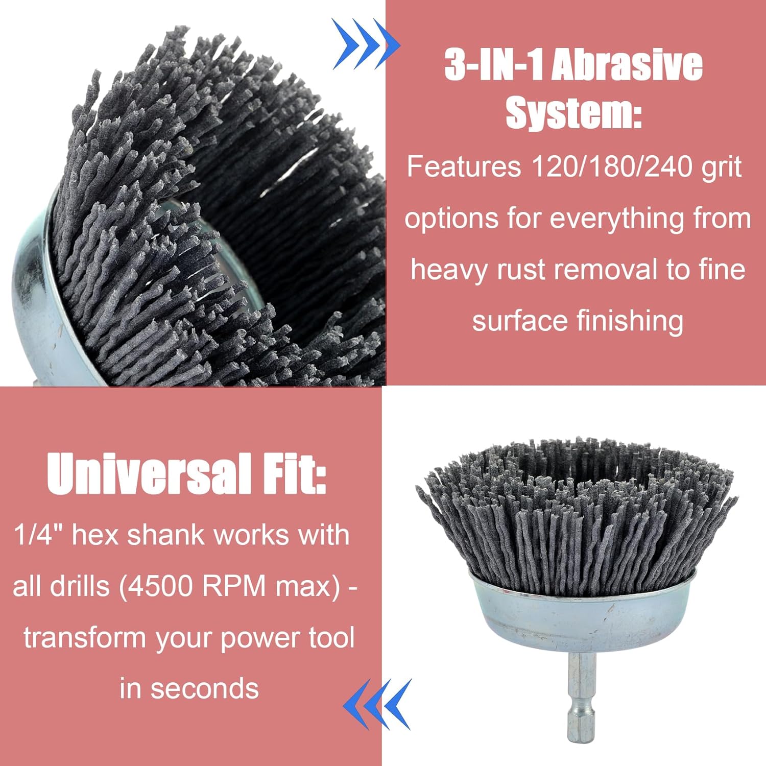 Nylon Drill Brush Set for Rust Removal - 9 Pack Abrasive Wheel & Cup Brush Attachments