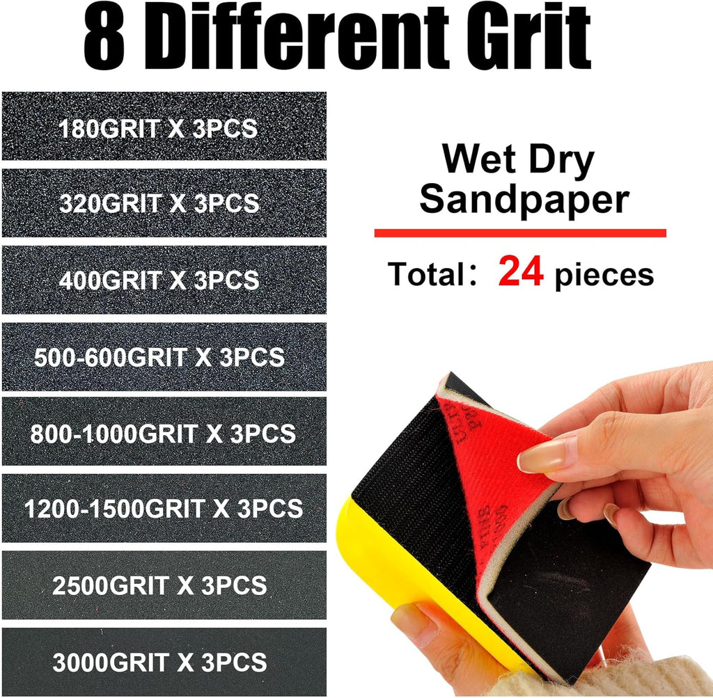 24PCS Sanding Sponge Set,180-3000 Grit Soft Foam Hand Sander Block,3x4 Inch Wet Dry Sandpaper