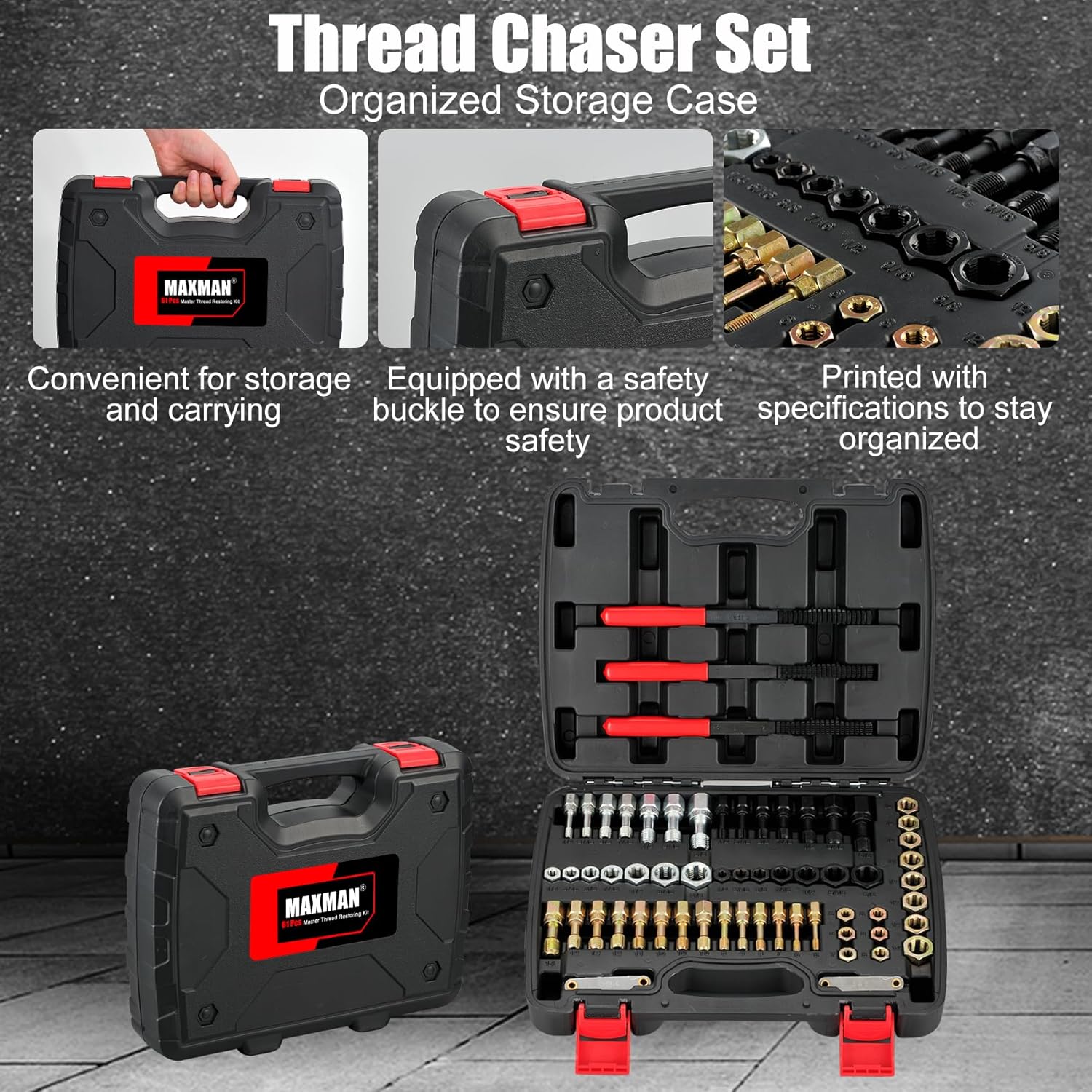MAXMAN 61Pcs Thread Chaser Set, UNC/UNF/Metric